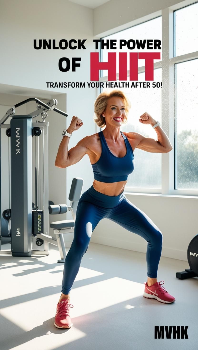 Woman over 50 doing a low-impact HIIT workout" "Best HIIT exercises for women in menopause" "Simple at-home HIIT routine for beginners over 50"