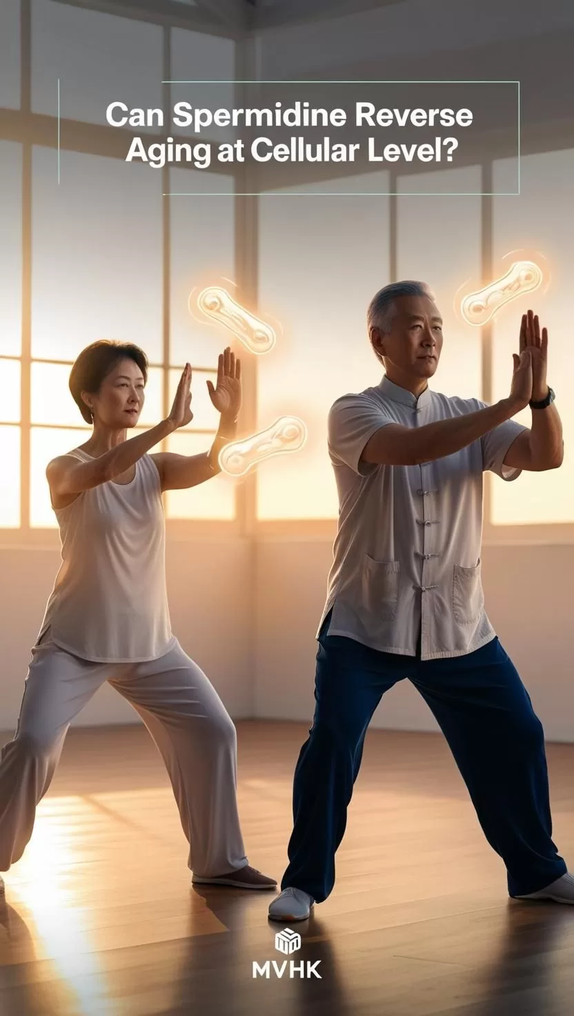 Older adults doing tai chi with glowing mitochondria visuals – representing spermidine’s cellular benefits.