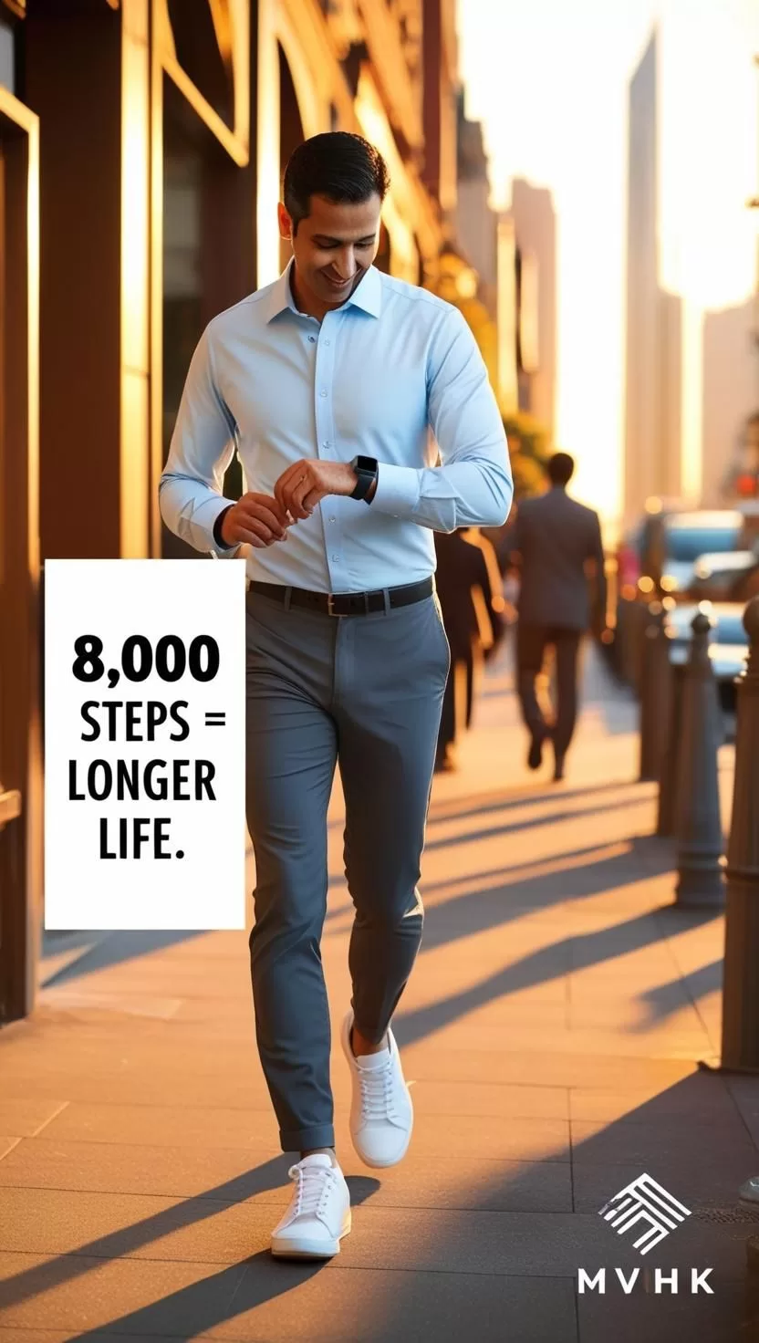 Urban professional walking with smartwatch – 8,000 steps for longevity