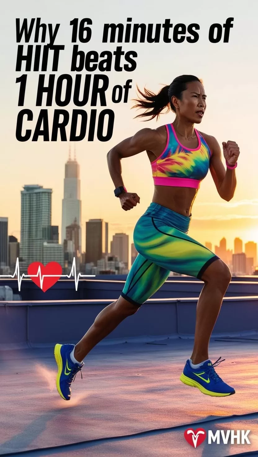 Woman doing rooftop HIIT workout at sunrise — 16-minute HIIT