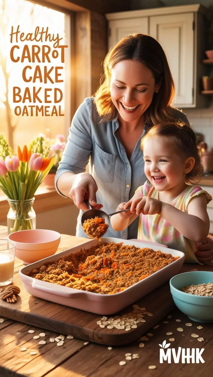 Healthy carrot cake baked oatmeal in a dish with oats and carrots