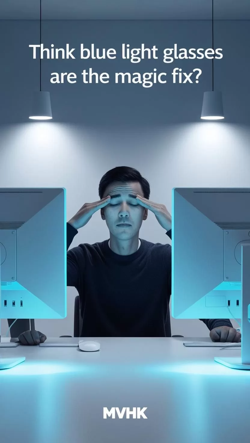 Solo office worker at night rubbing eyes (Blue light digital eyestrain prevention)