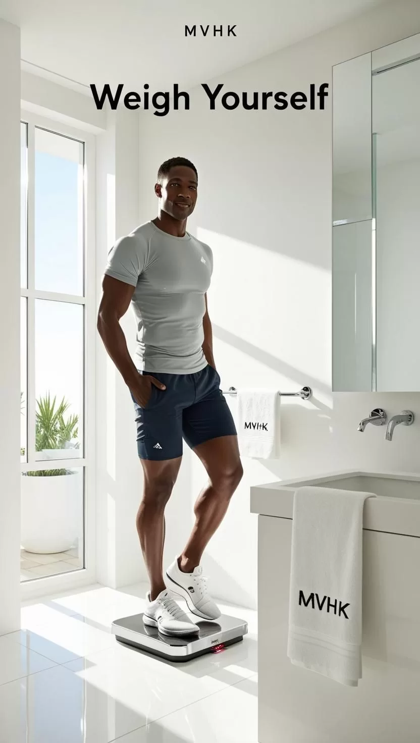 Person confidently stepping on a scale in minimalist bathroom – Weight Loss Progress Weekly Weigh