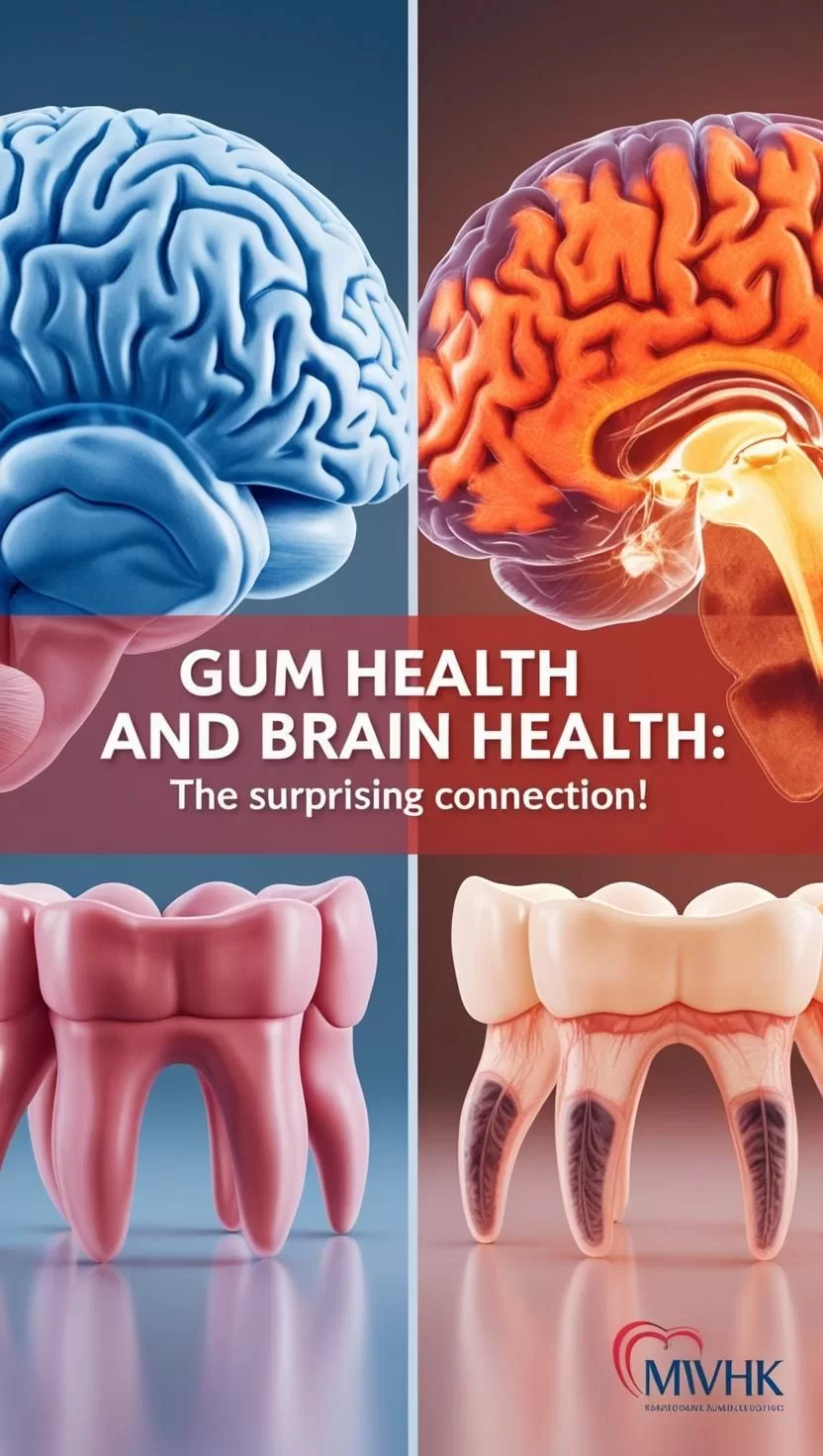 Image 1: Healthy brain vs inflamed brain with periodontal disease bacteria overlay (gum disease brain health connection) Image 2: Dental x-ray showing periodontal infection progression (gum disease effects