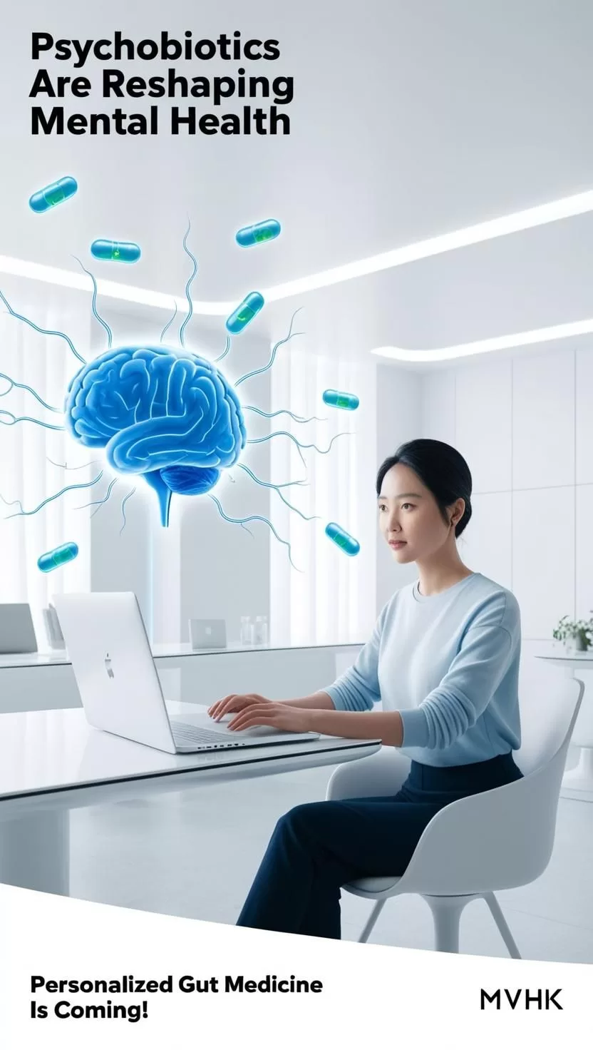 "Illustration of gut-brain connection and psychobiotics benefits for mental health"