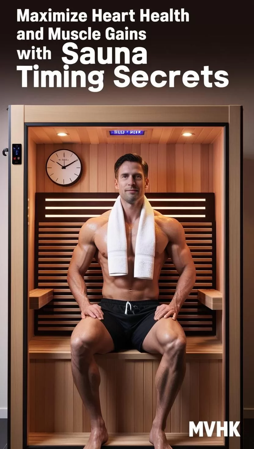Busy professional in sauna post-workout using sauna timing for muscle recovery" "Clock showing optimal sauna timing after exercise for heart health" "Growth hormone surge benefits from sauna use in men"