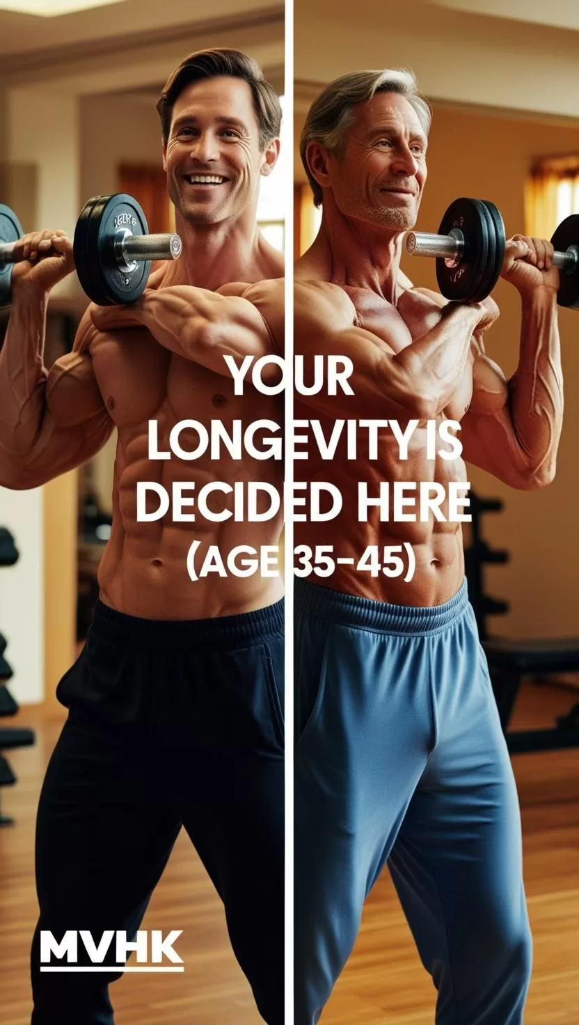 Midlife man building muscle in longevity decade – Age 35 to 45” “Brain health and strength training in your 30s and 40s” “Mirror image showing future self based on health habits”