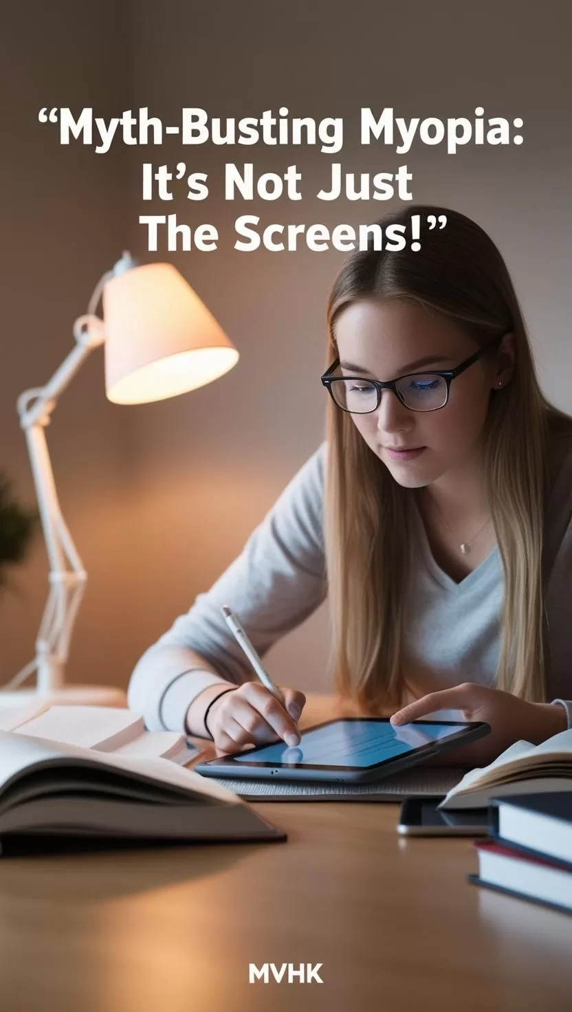 Student studying indoors, wearing glasses (myopia prevention tips) Vision health lifestyle infographic (outdoor activities and myopia)
