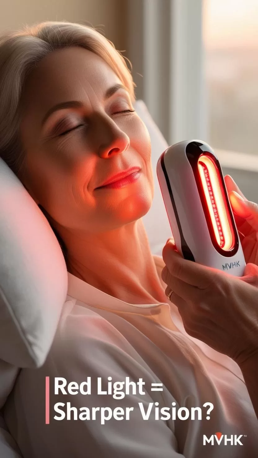 Woman using red light therapy for aging vision improvement