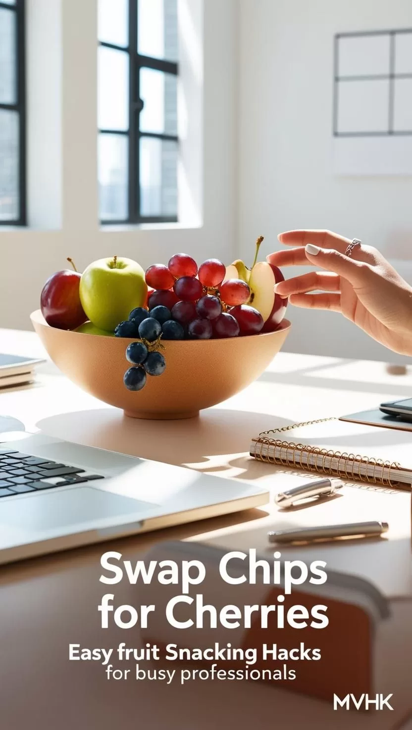 Healthy fruit bowl for office snacking – fruit snacking hacks for busy professionals" "Busy professional choosing fruits over chips – easy fruit swaps" "Colorful fruit snack ideas for a productive workday"