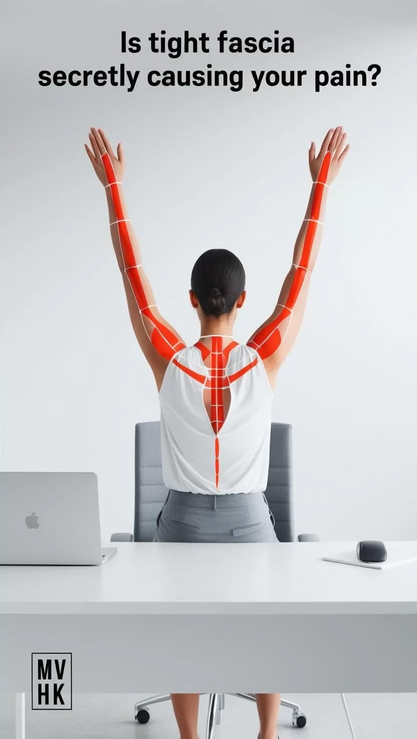 Office worker stretching to maintain healthy fascia
