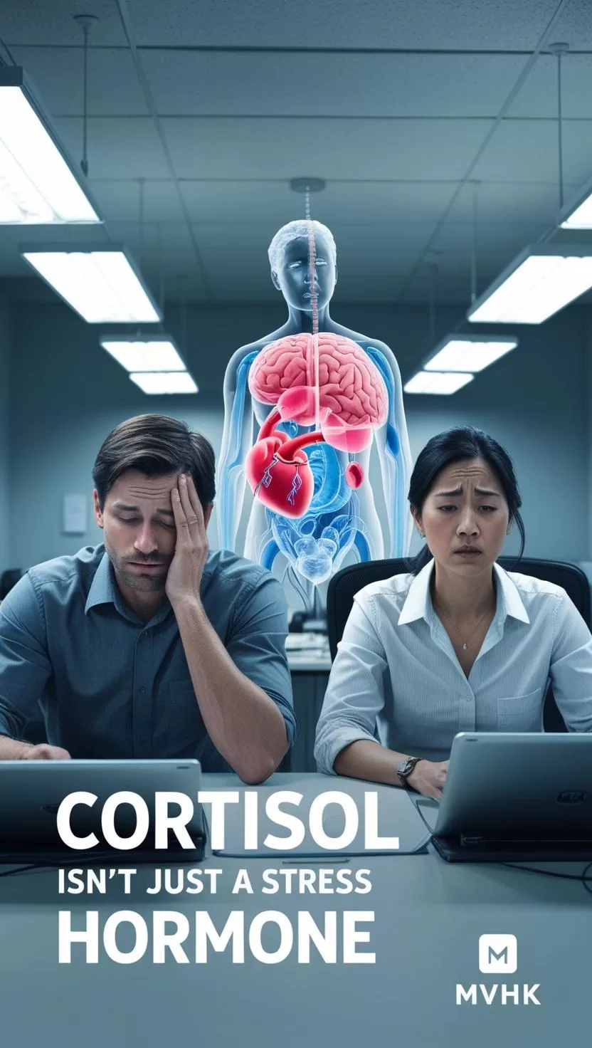 Cortisol effects on brain and immunity – infographic", "Stressed professional experiencing cortisol burnout"