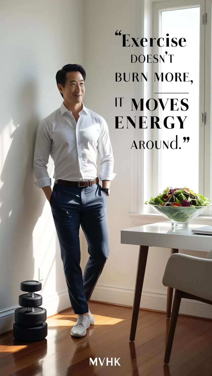 Busy professional with salad and dumbbells – energy budget concept”