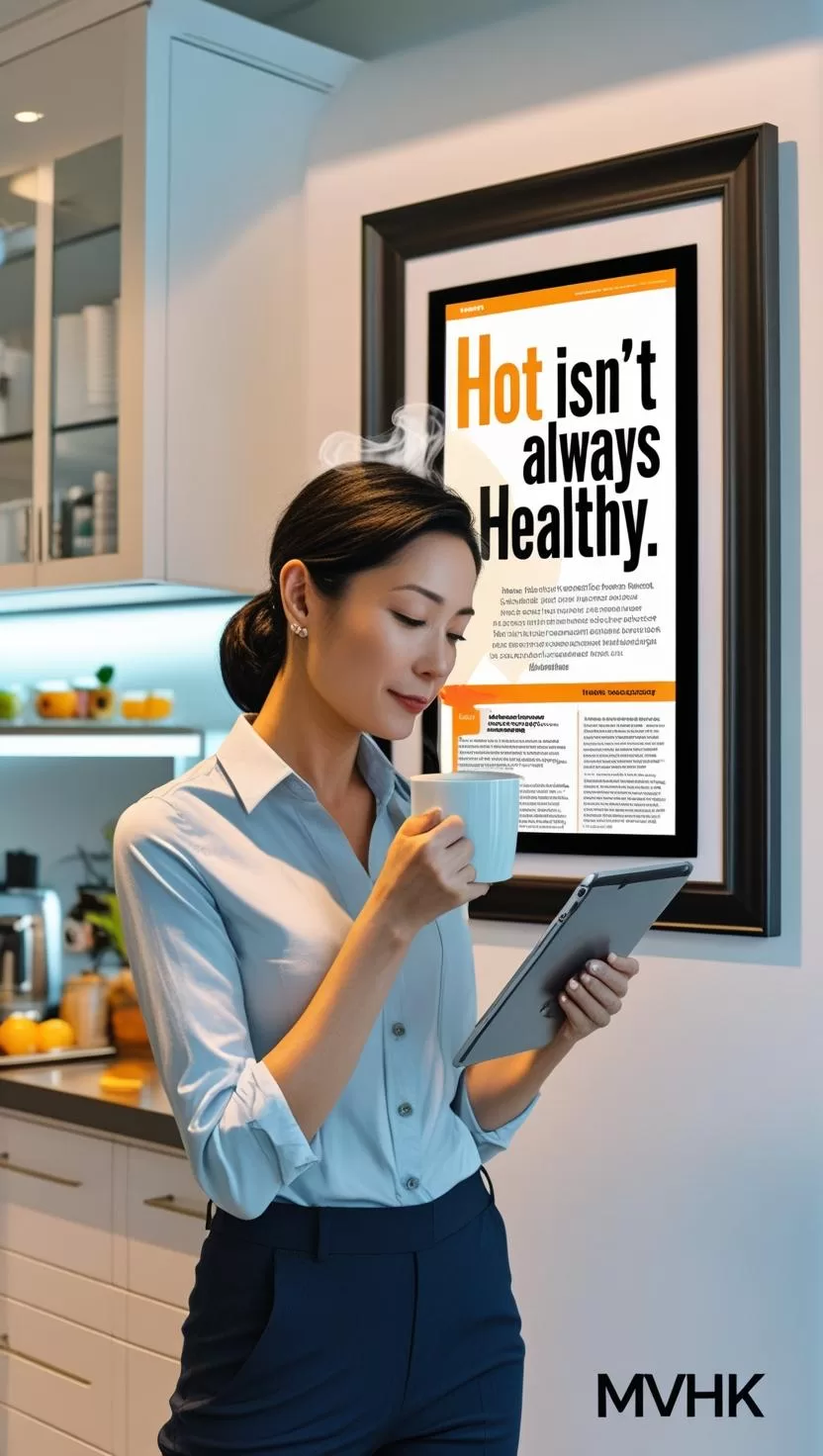 Hot tea cancer risk infographic,” “Office worker drinking hot tea safely”