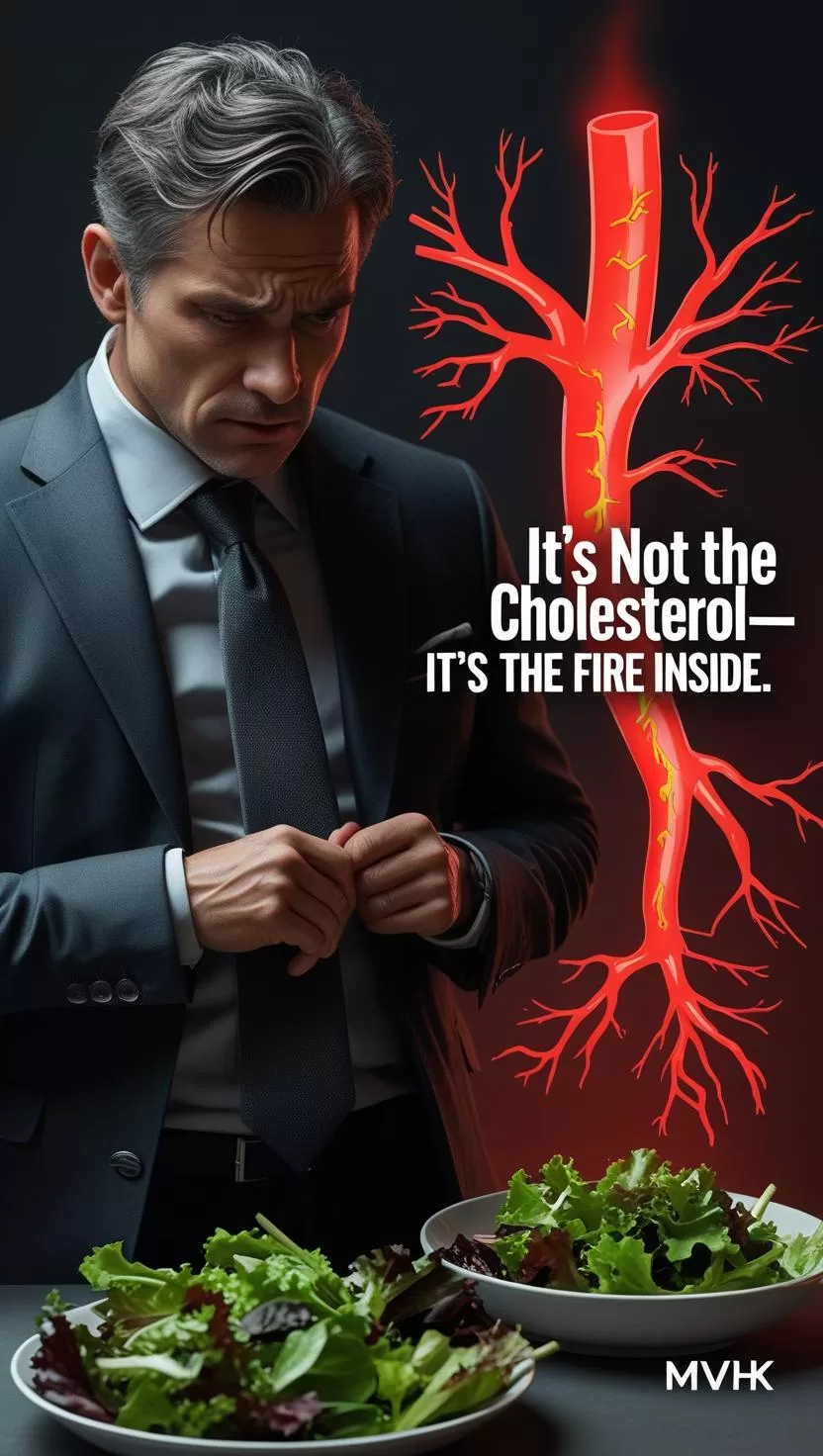 Businessman stressed at lunch—“inflammation not cholesterol”