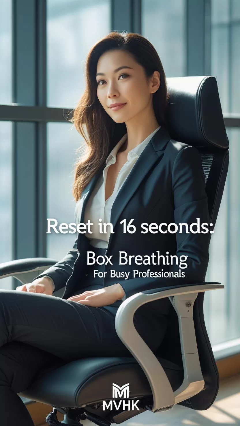 Professional woman using box breathing to calm stress at work