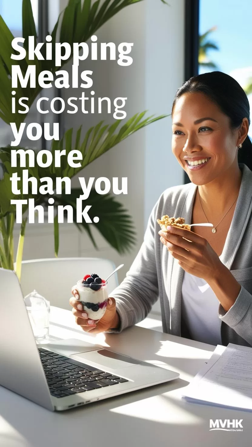 Busy professional eating protein snack to prevent food debt