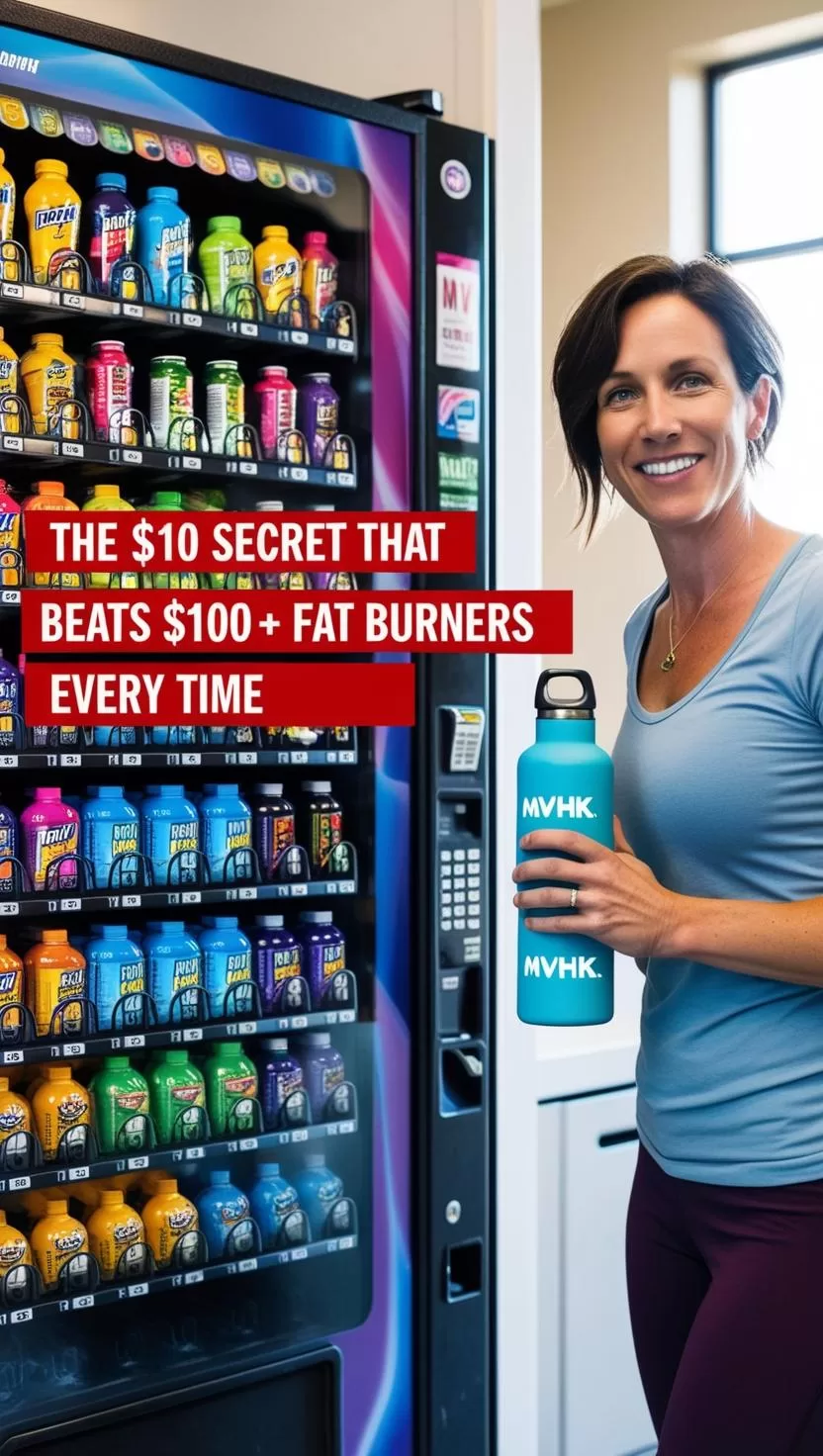 Office worker choosing water over fat burner from vending machine.