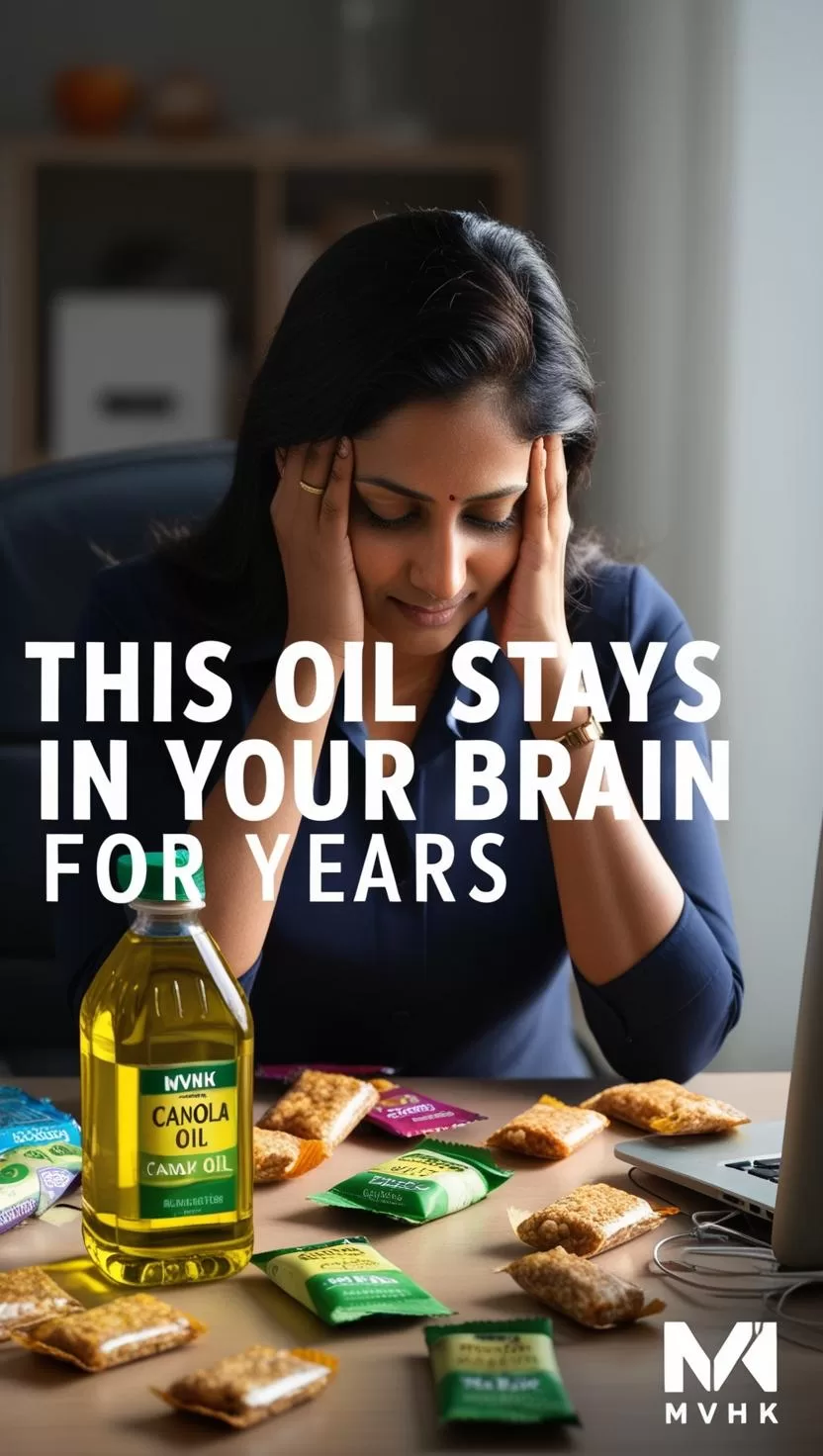 Seed oils and brain inflammation,” “Professional woman with processed snacks,” “Seed oil alternatives like ghee and olive oil”