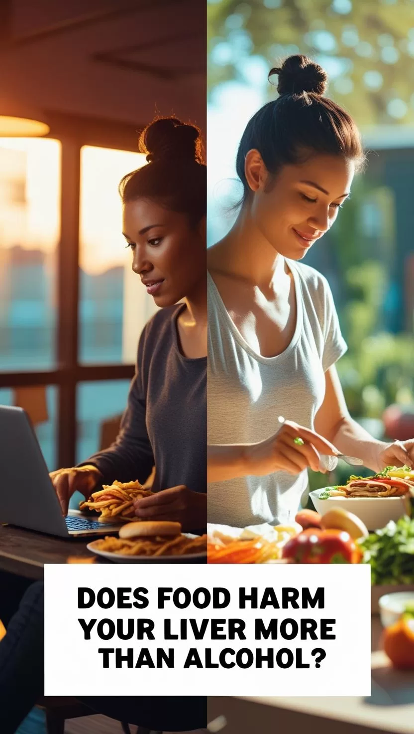 Woman choosing between junk food and healthy options – liver damage from diet