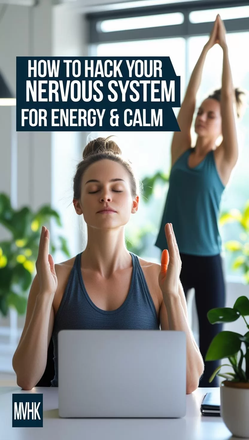 Man doing deep breathing at desk – "Shift into parasympathetic state with breathwork"