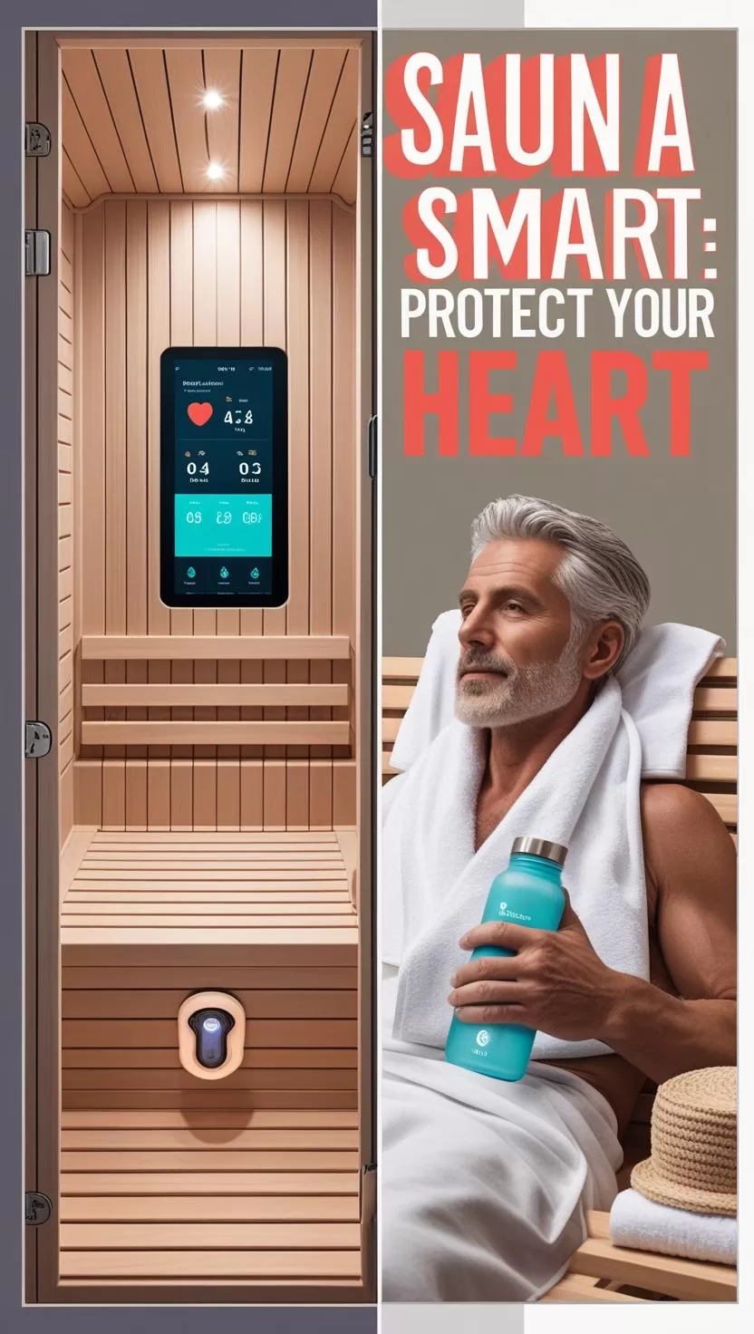 Older man in smart sauna using hydration tracker, safe heart zone monitor