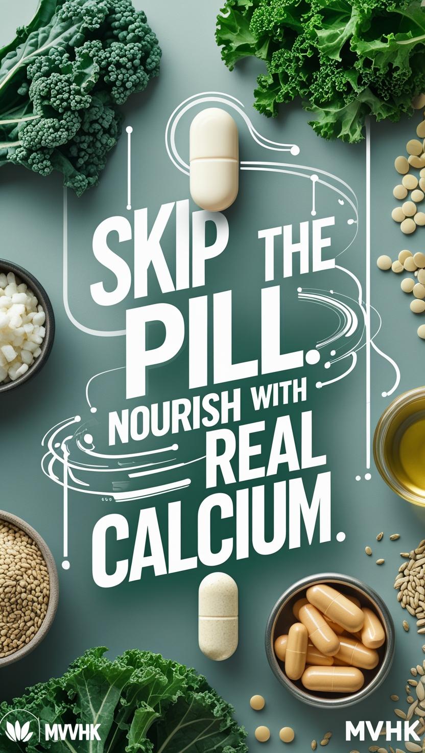 Woman comparing calcium supplement with leafy greens