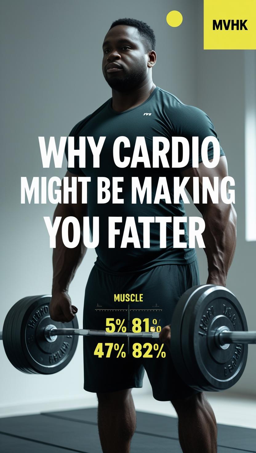 Man lifting weights next to treadmill with “Fat Loss Without Cardio” title