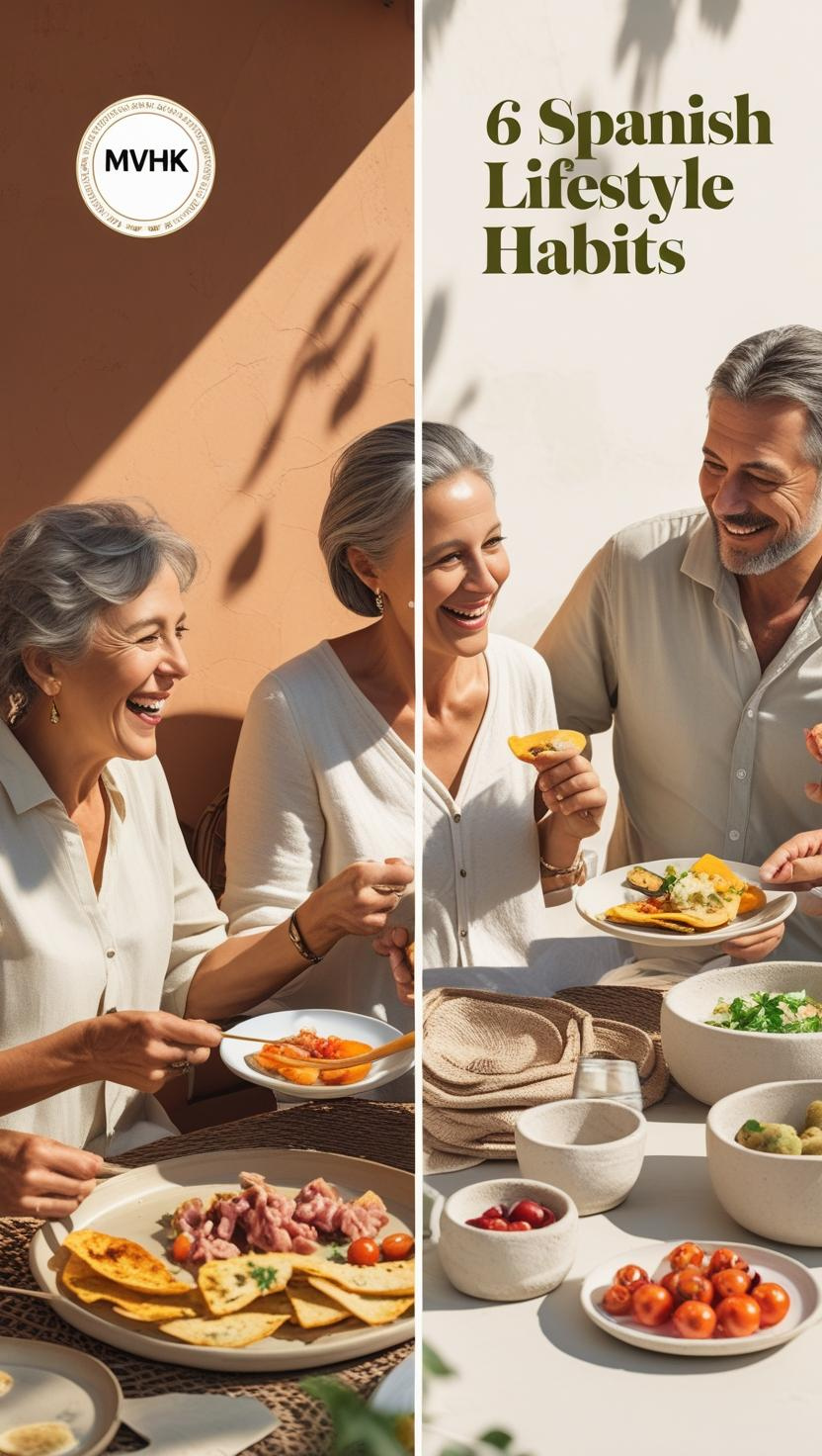 Mediterranean family eating outdoors, Spanish woman walking city steps, fresh produce market stall