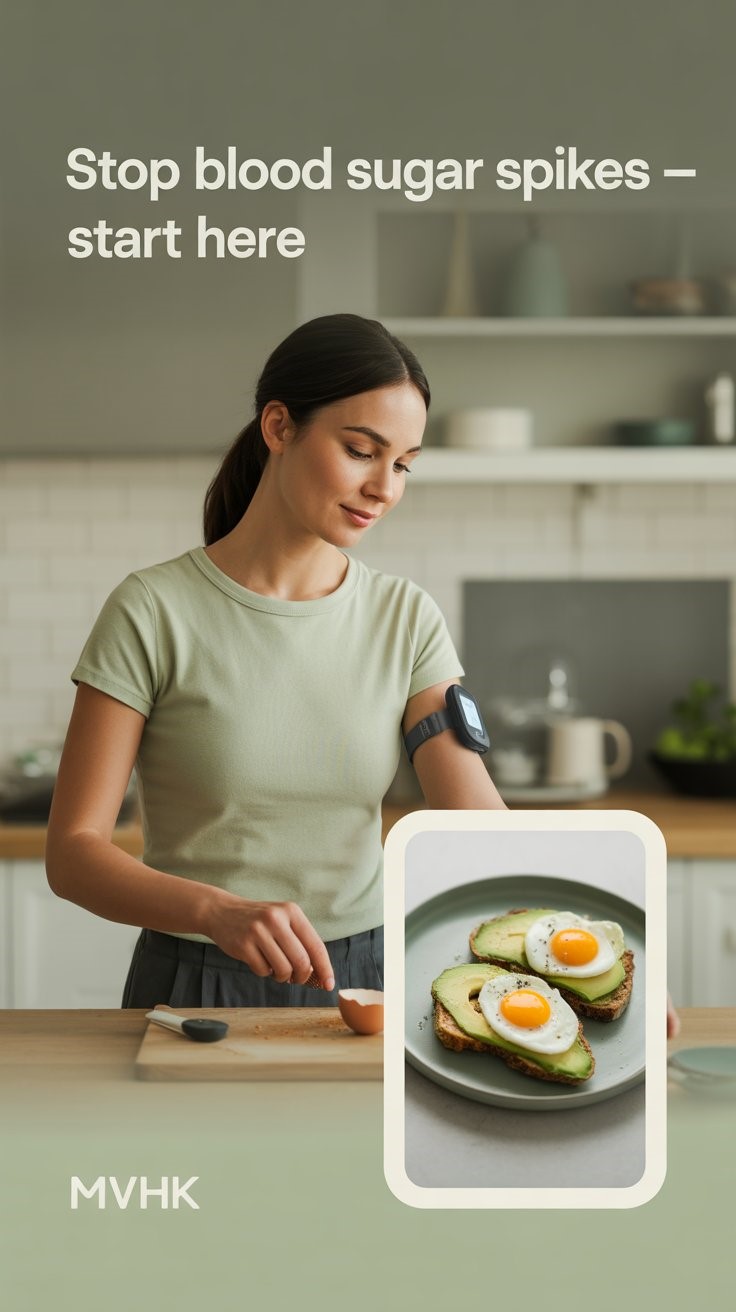 Woman eating blood sugar-stabilizing breakfast with CGM