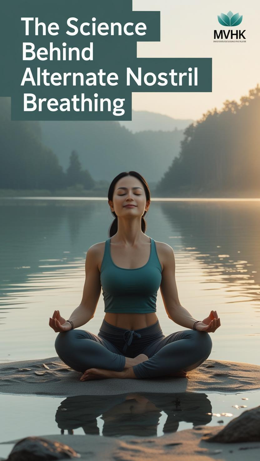 Woman practicing Alternate Nostril Breathing at sunrise by lake