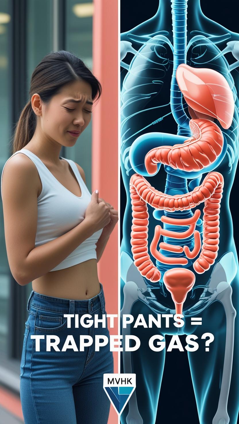 Woman clutching stomach in tight jeans, gut pressure concept