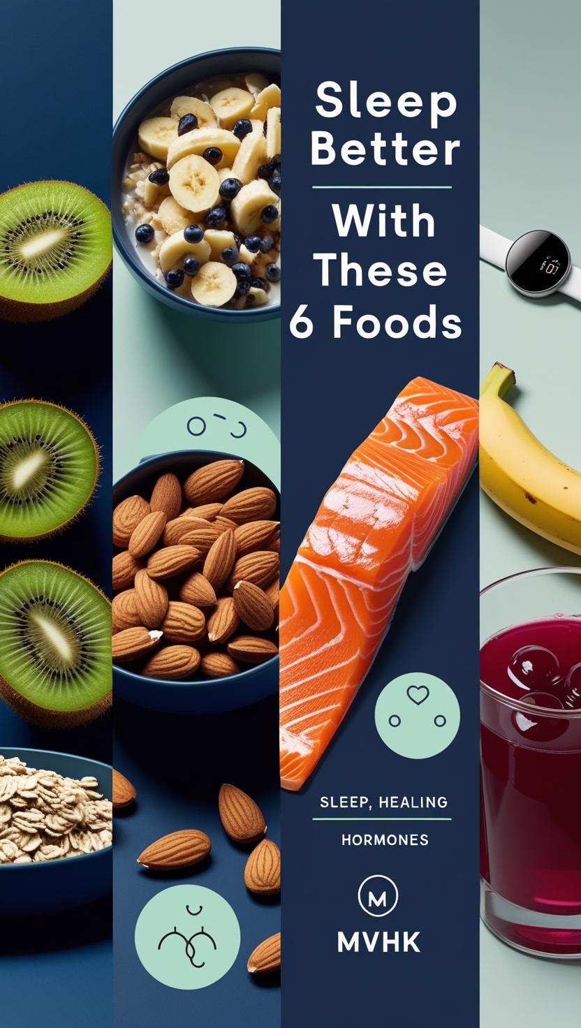 Sleep-enhancing foods like banana, tart cherry juice, oats, and salmon on nightstand