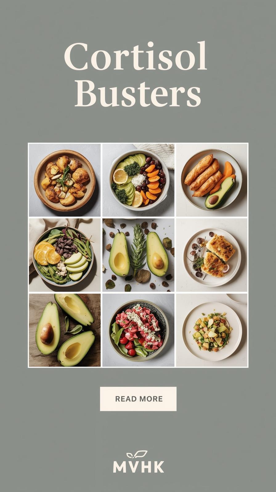 Blueberries, avocado, green tea, and dark chocolate arranged as cortisol-lowering foods