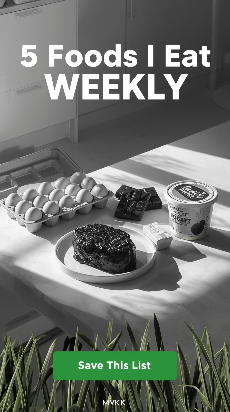 5 foods which person is eating daily, like eggs, meat, yoghurt