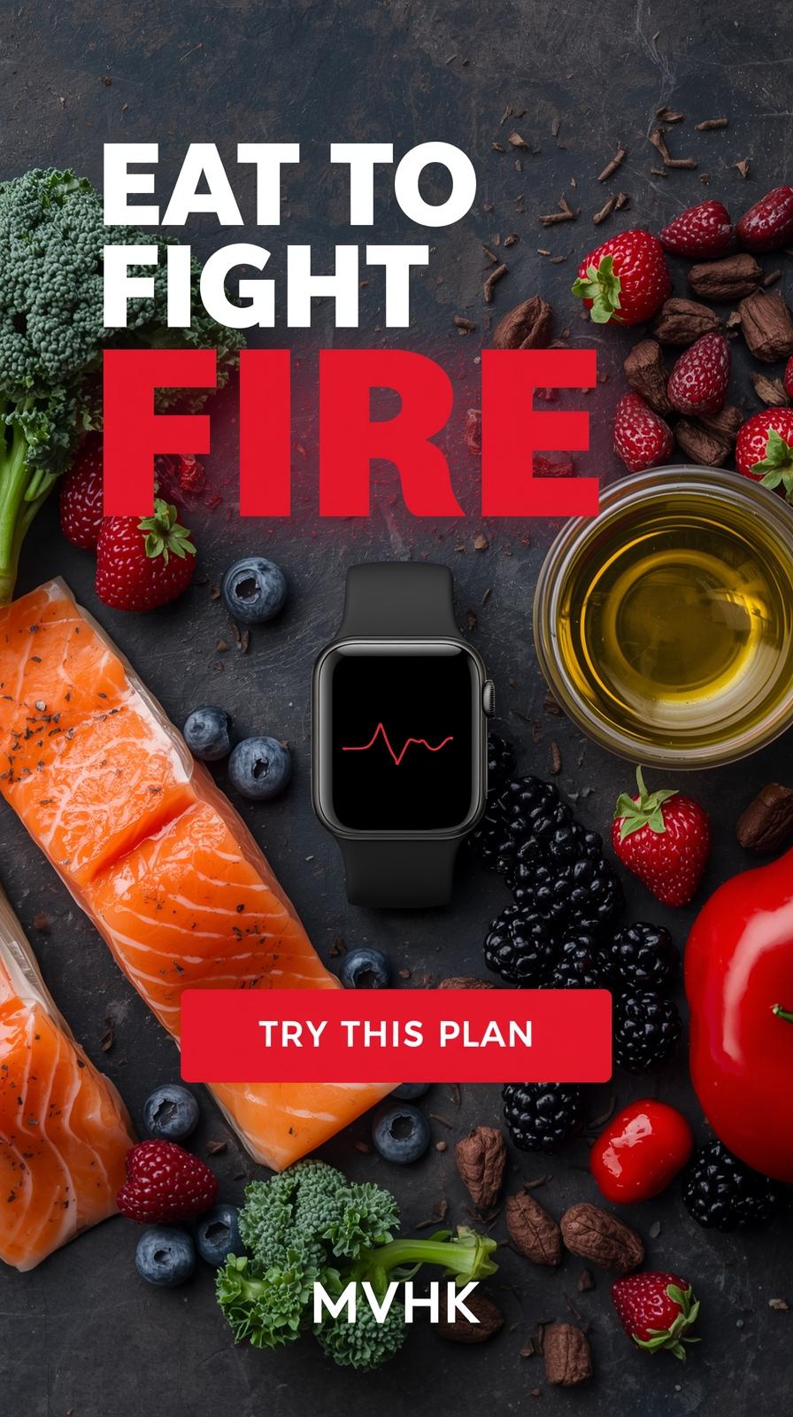 Plate of anti-inflammatory foods including berries, salmon, and olive oil