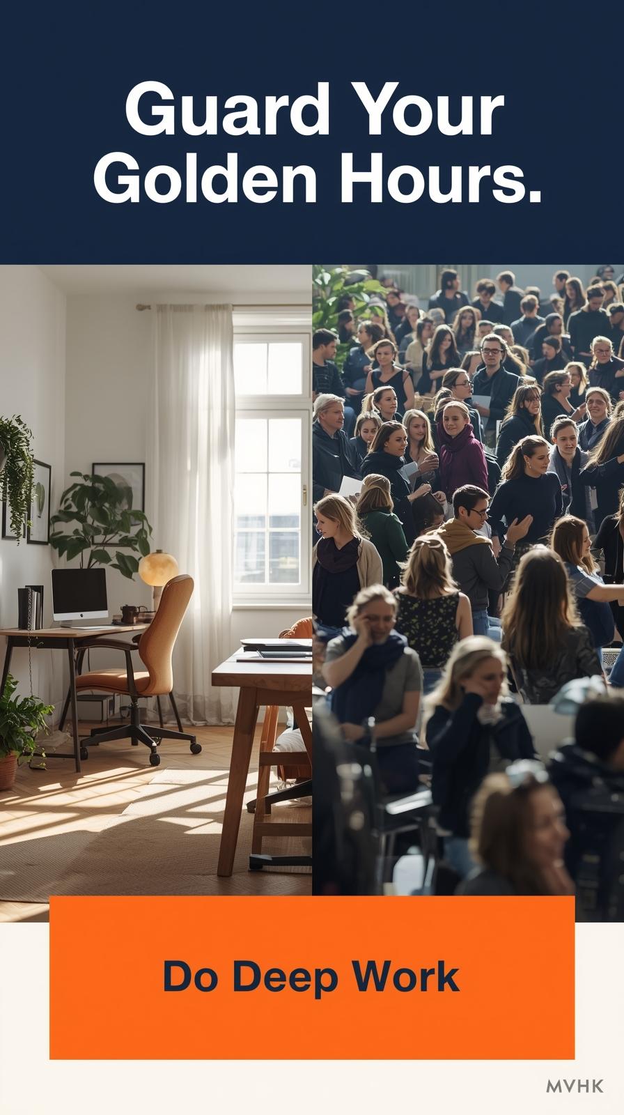 One photorealistic image split-screen — serene home workspace vs. chaotic interruption scene