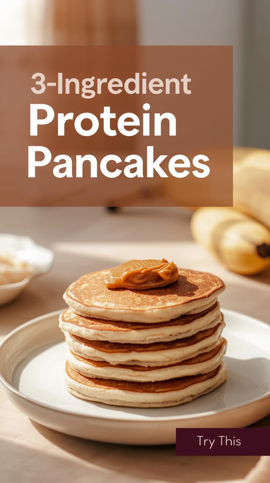 Stack of banana protein pancakes topped with almond butter and berries, healthy high-protein breakfast option