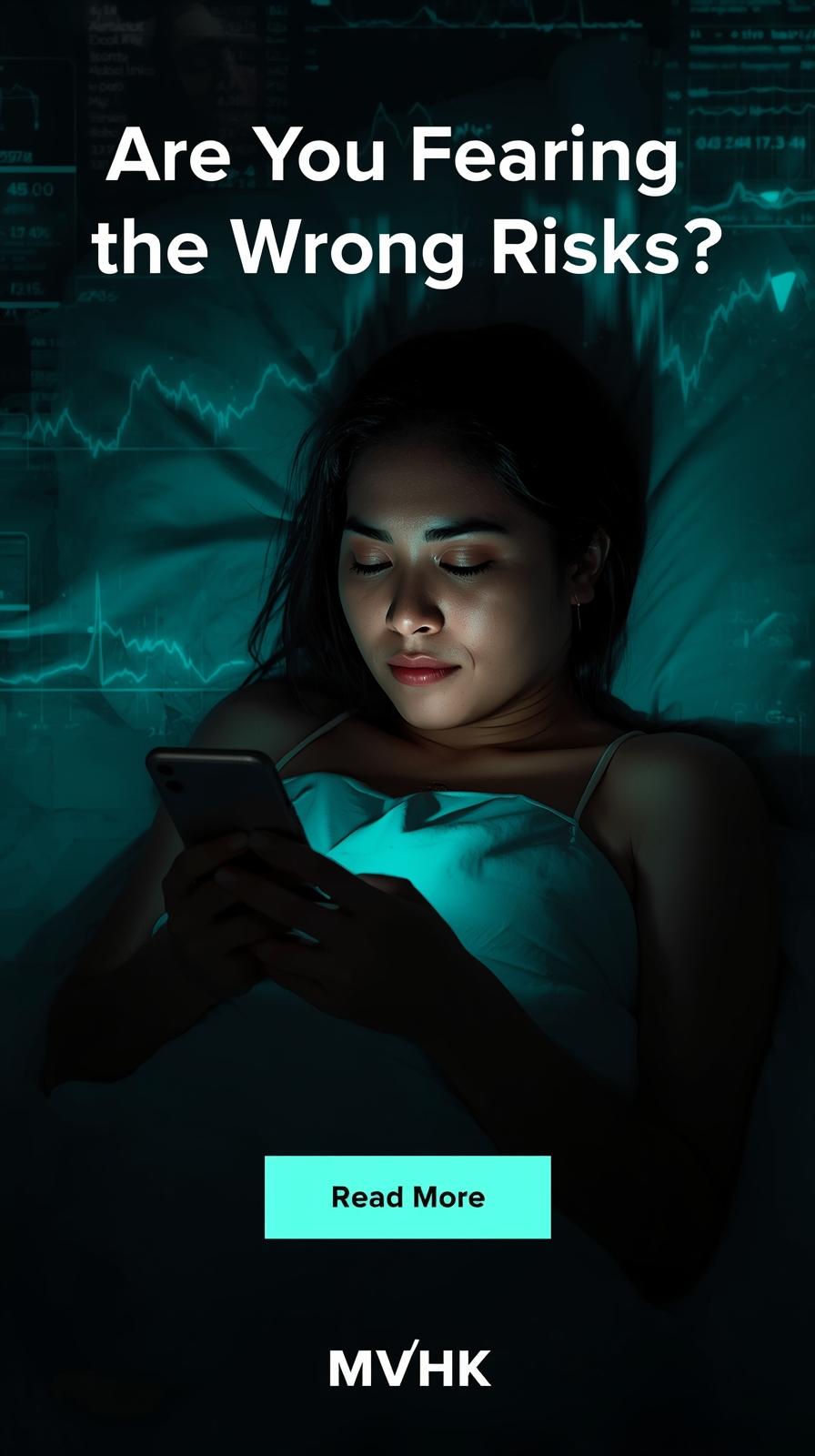 Person doomscrolling news on a phone, surrounded by health data; headline overlay reads “Are You Fearing the Wrong Risks?” with MVHK logo