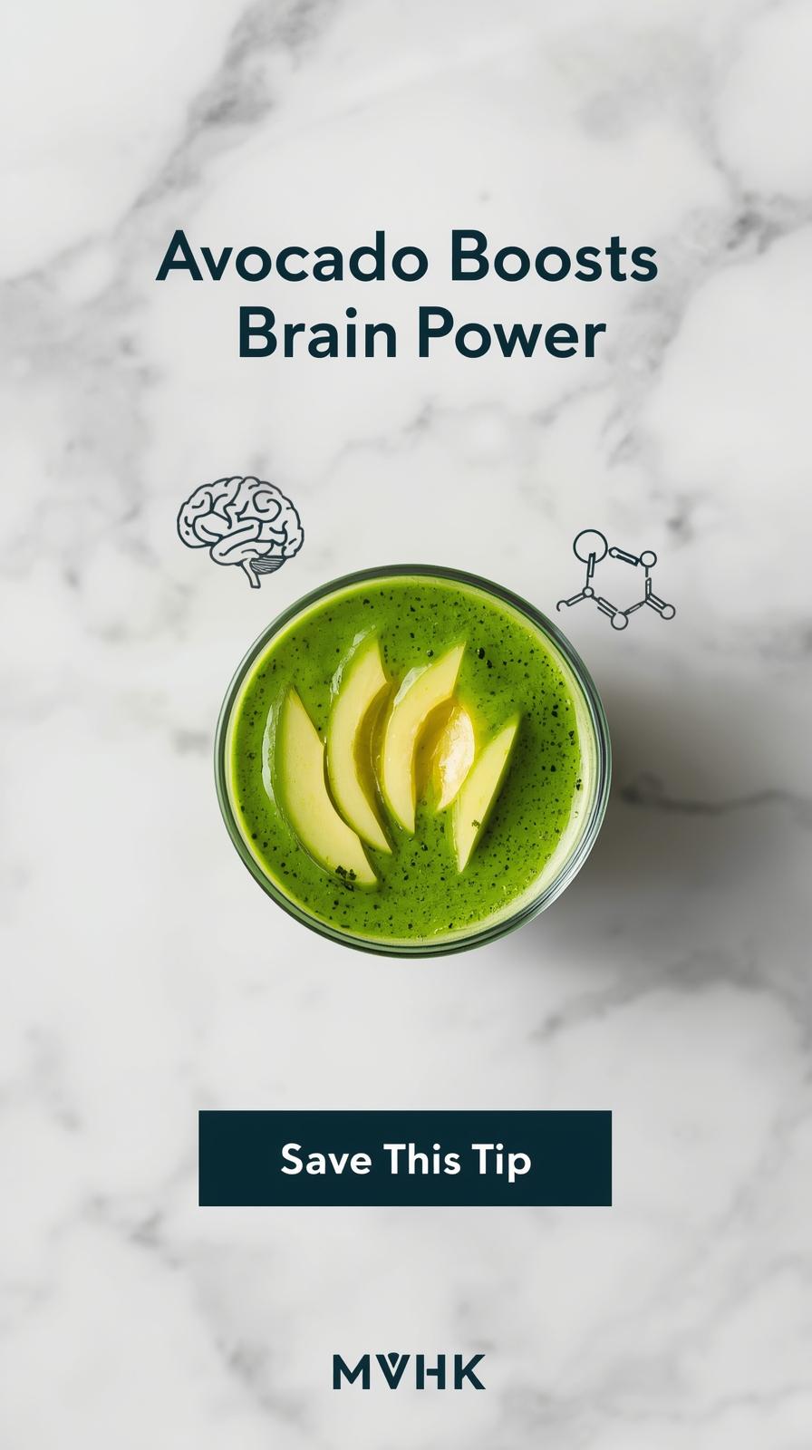 Bright overhead image of a green smoothie with sliced avocado on marble or wood, possibly with tech-style overlay icons like a brain or molecule for lutein
