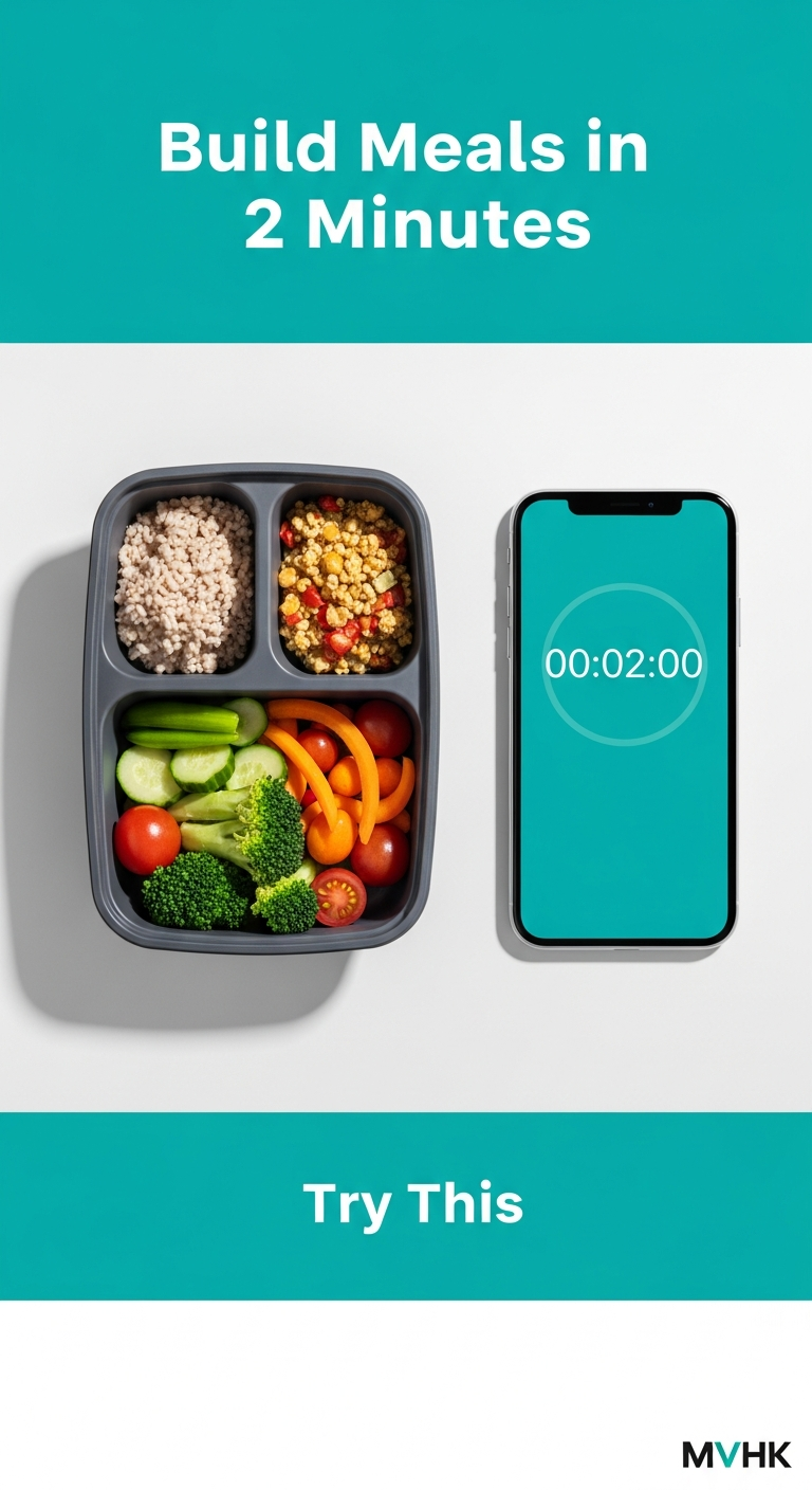 Overhead image of a meal-prep container divided into protein, carb, and vegetable sections with timer and text "Build Meals in 2 Minutes"