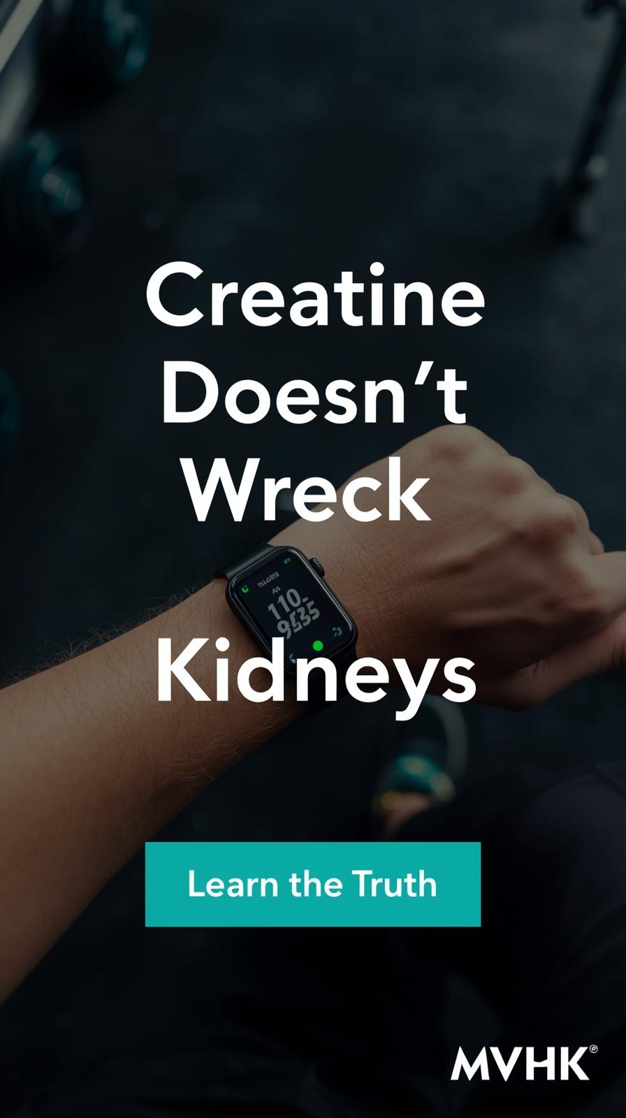 Smartwatch on athlete’s wrist tracking hydration and creatine dose with overlay text busting creatine-kidney myth