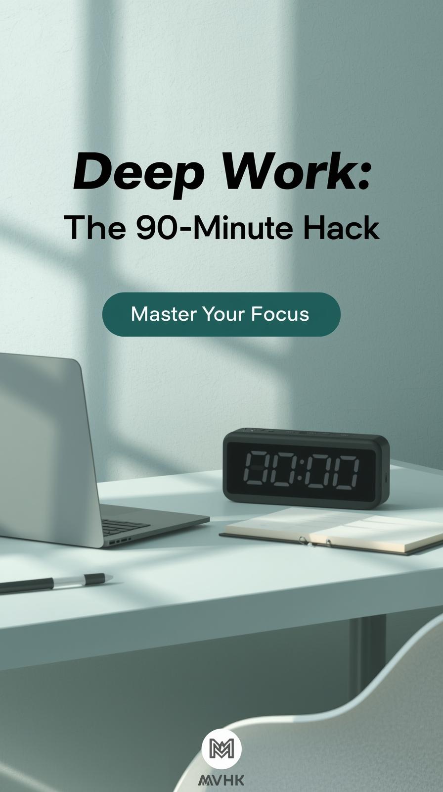 Minimalist workspace desk with laptop and timer set to 90 minutes illustrating deep work concept.