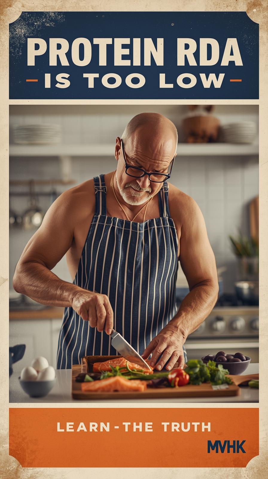 Active older adult prepping protein-rich meal in kitchen, highlighting protein intake for aging adults