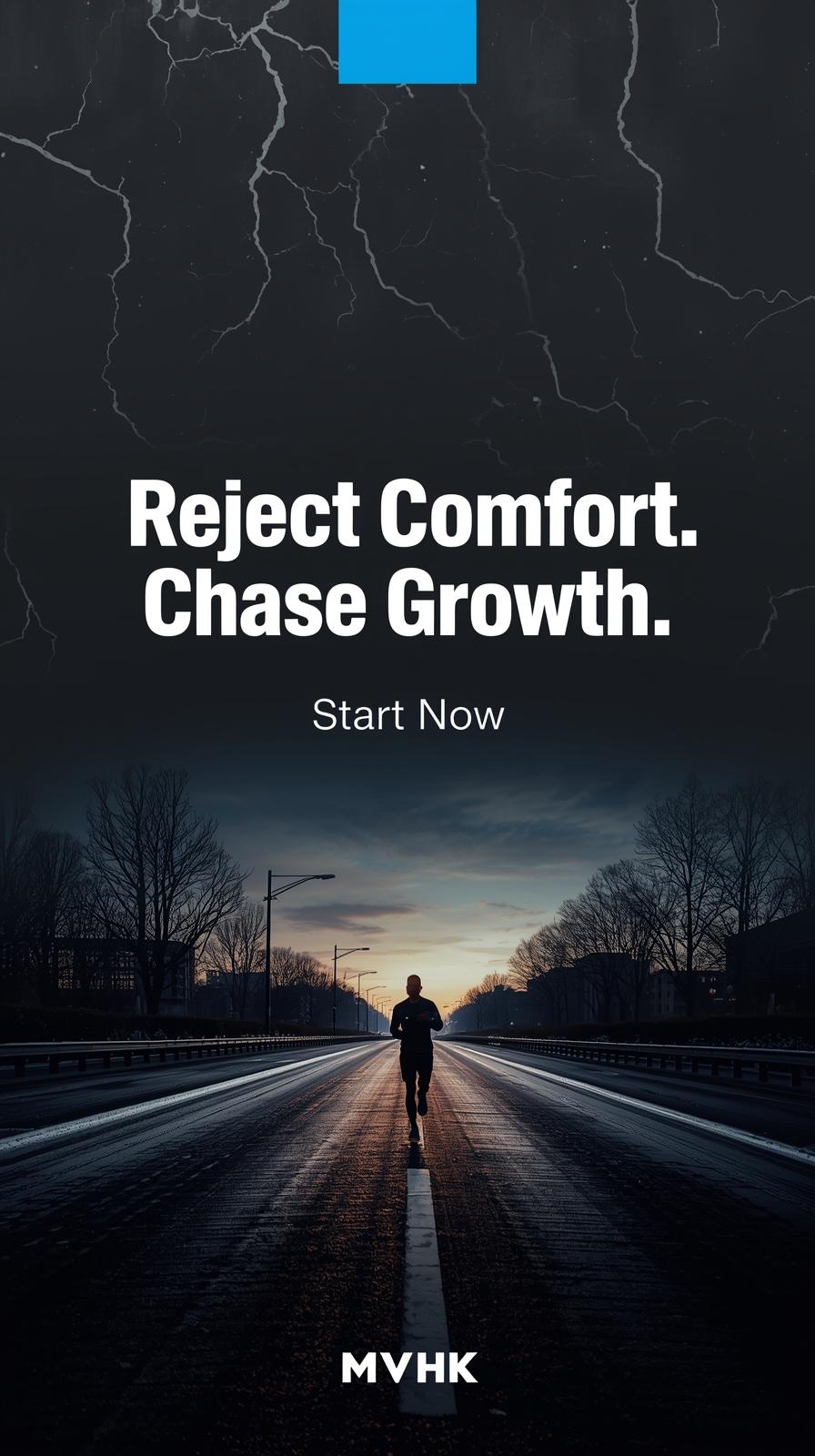 Person running solo at dawn on empty city street, symbolizing rejecting comfort and building discipline through action