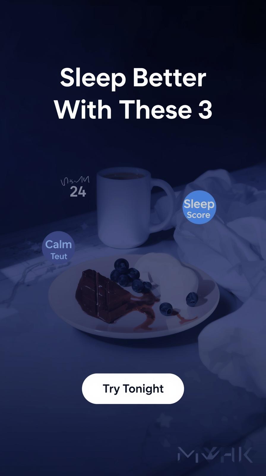Blueberries, dark chocolate, and supplements for nighttime relaxation with calming background