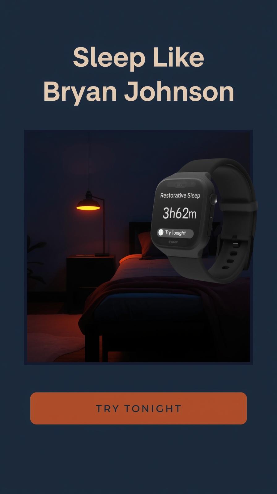 Red light bedroom with wearable tracker showing 3.5+ hrs of restorative sleep following Bryan Johnson's protocol