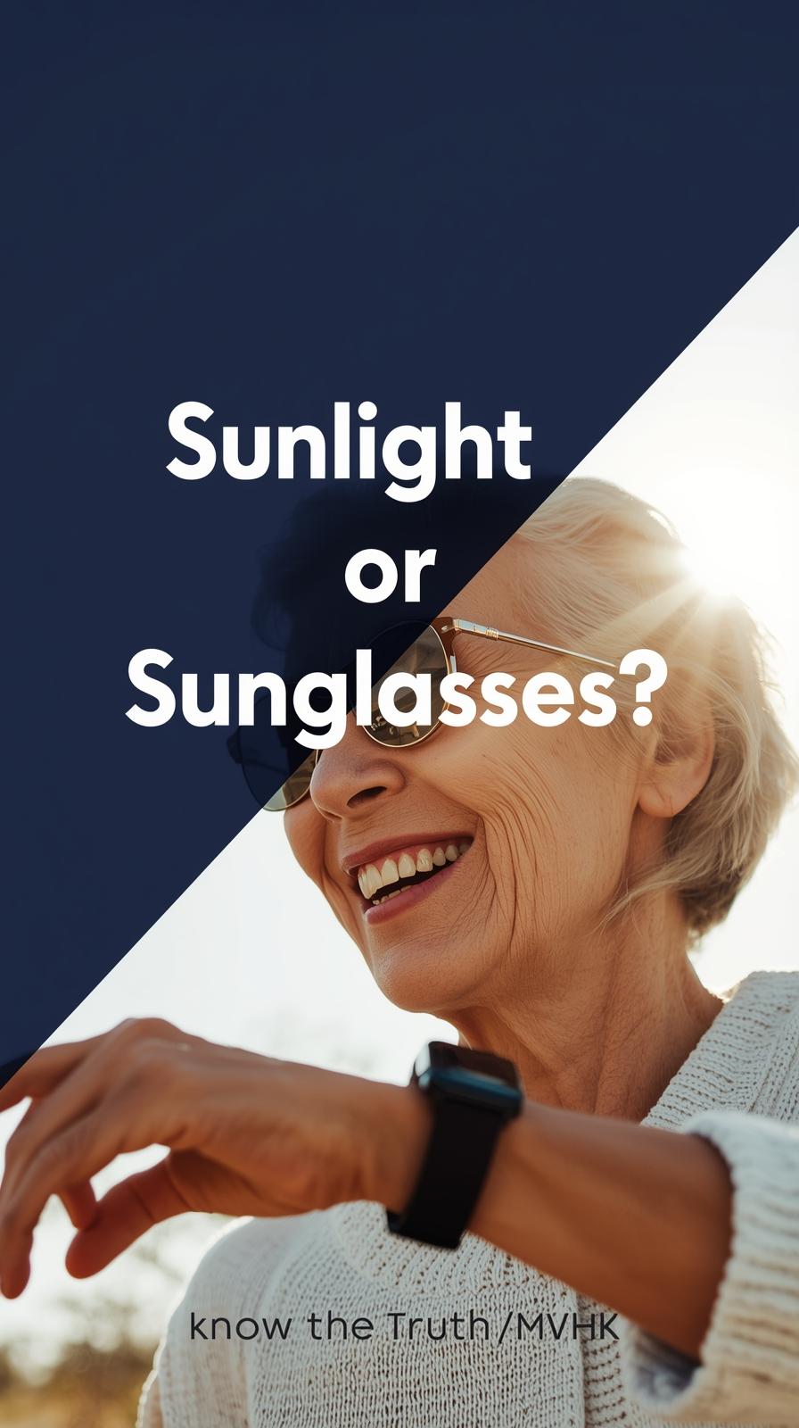 Elderly woman smiling in morning sun, no sunglasses, smartwatch visible, sunlight overlay effect for circadian optimization