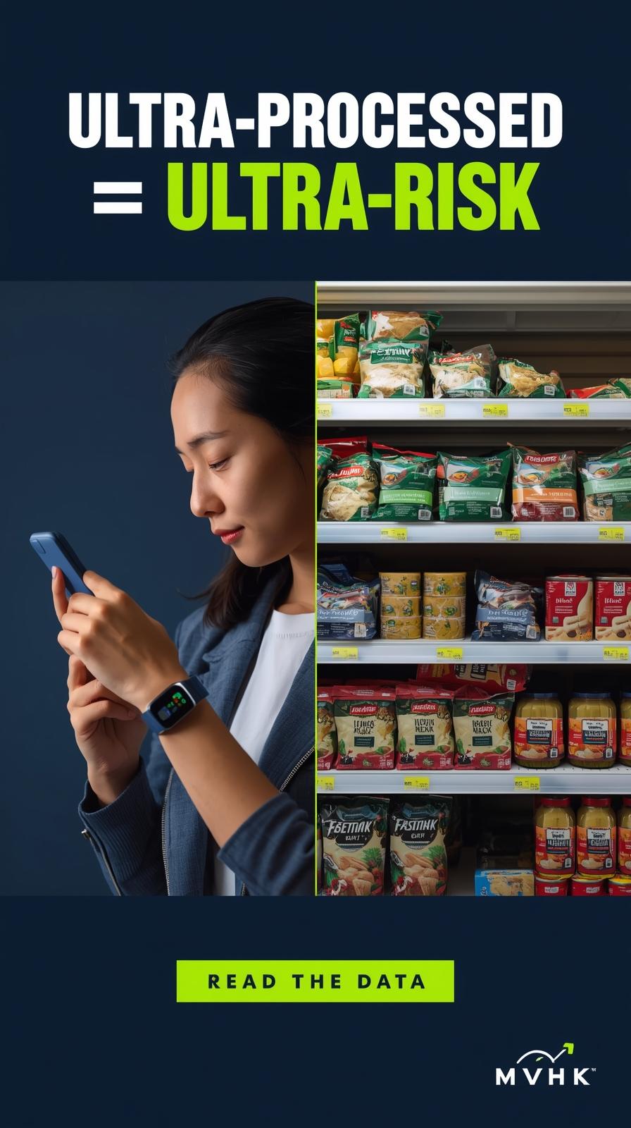 Smartwatch tracking biometric health with ultra-processed food shelf in background; UPFs and chronic disease concept