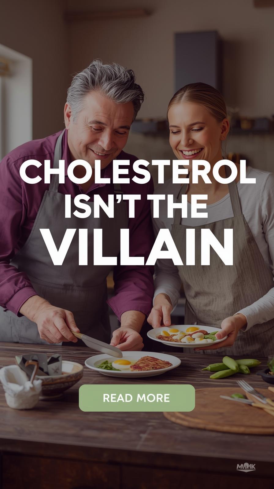 Middle-aged couple cooking steak and eggs, myth-busting cholesterol message